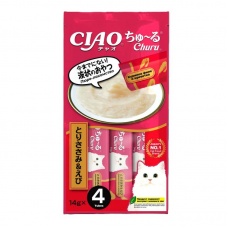 INABA CIAO крем-лакомство для кошек Churu пюре Куриное филе и креветка, 14 г х 4 шт